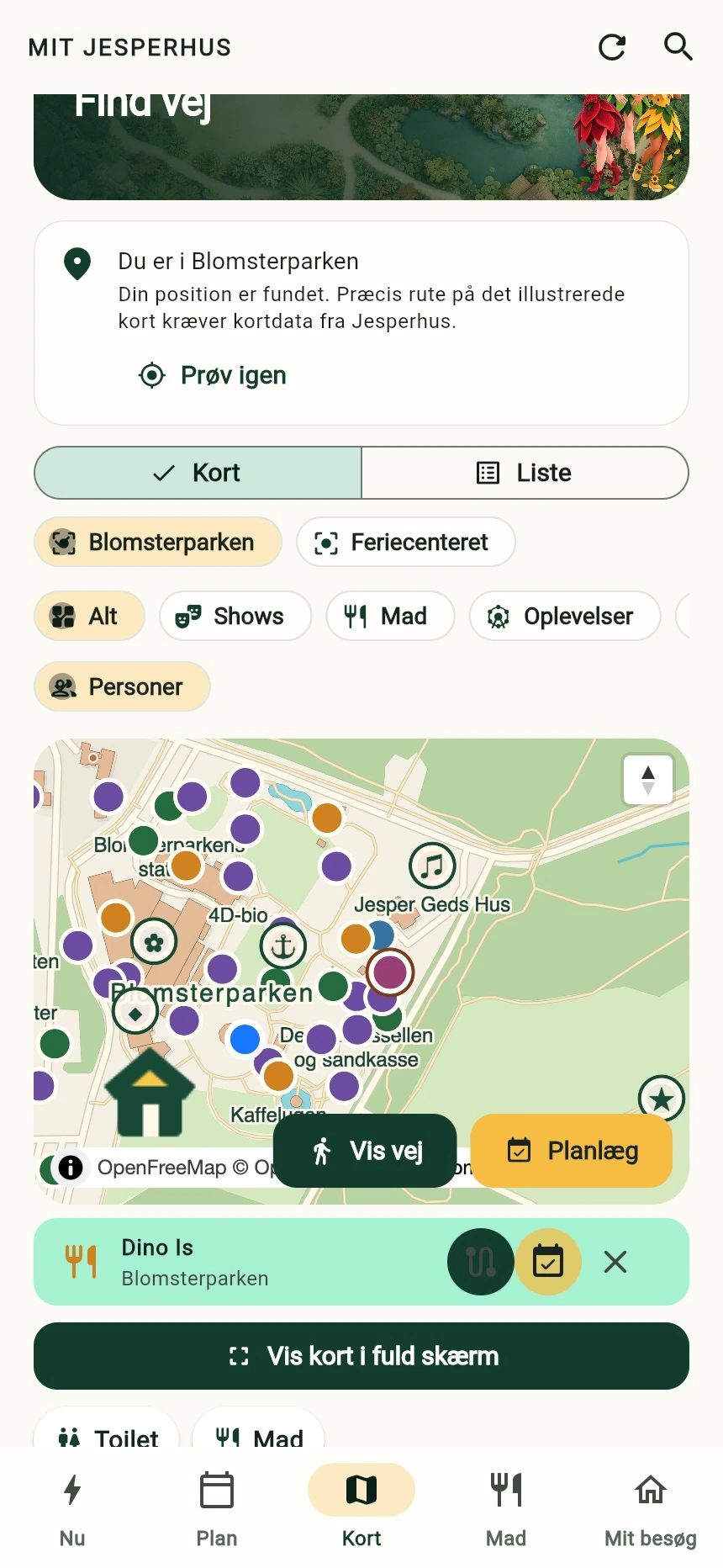 Udsnit af det geografiske kort med Dino Is, Vis vej og Planlæg